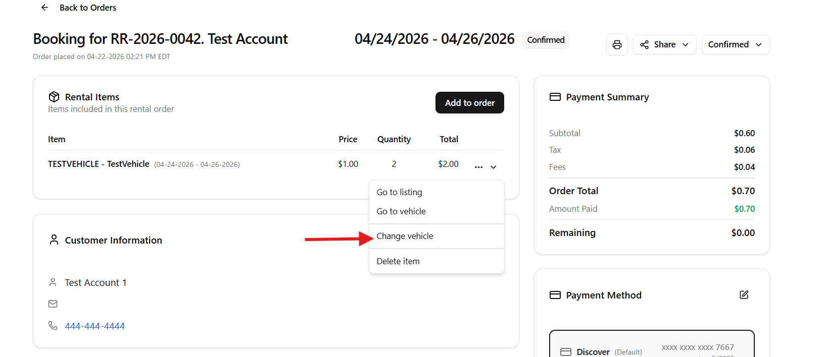 Booking detail with line item menu