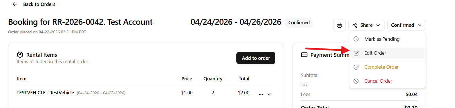 Status dropdown showing Edit Order option