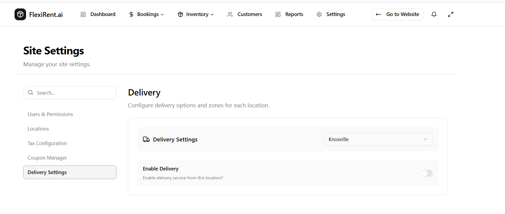 Delivery Settings page