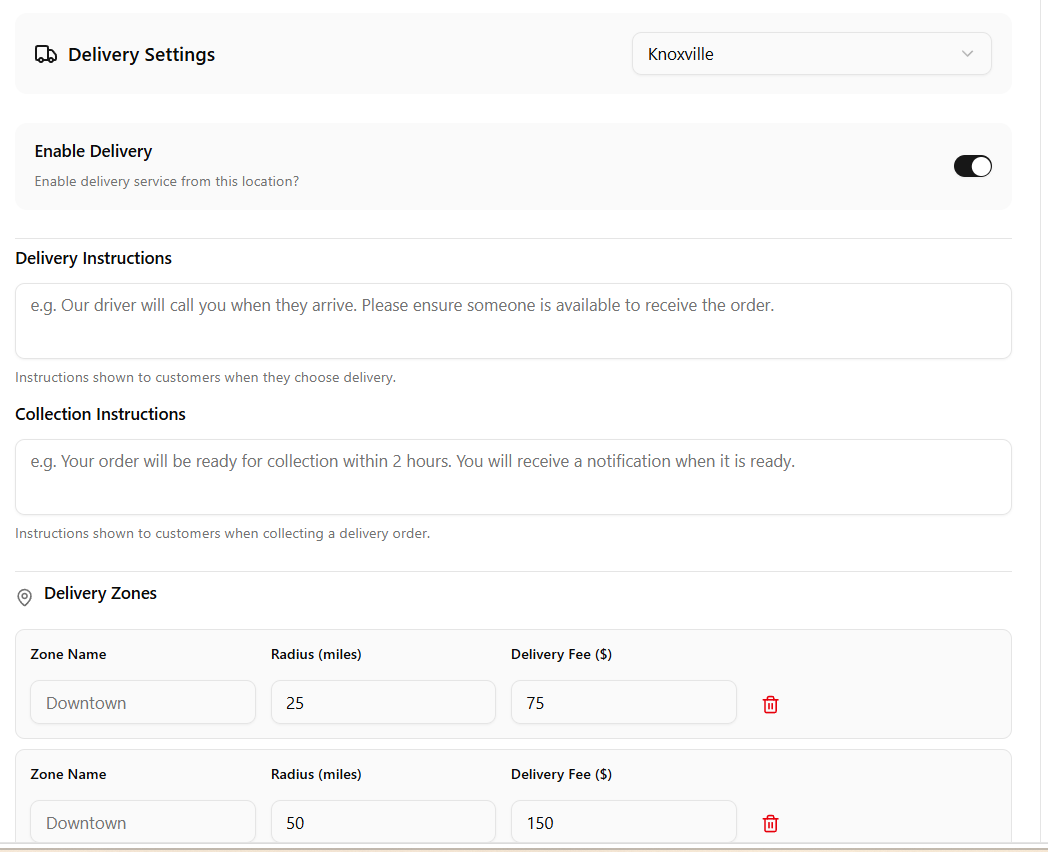 Delivery enabled with configuration options visible