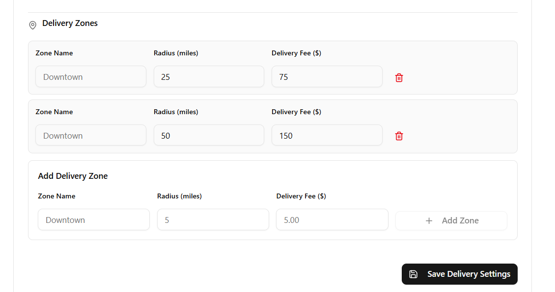 Delivery zones configuration